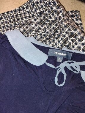 ModCloth Navy Top with Light Blue Peter Pan Collar and Tie And Short Sleeves